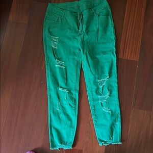 SHEIN Green Skinny Jeans Distressed Style